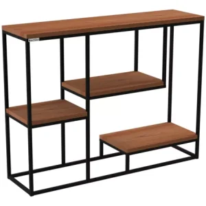 Estantería moderna con estructura metálica negra y estantes de madera en diferentes niveles, ideal para decoración o almacenamiento en espacios contemporáneos.