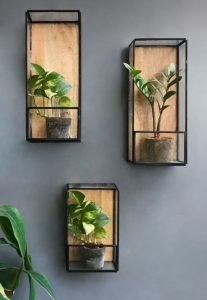 Estanterías flotantes de madera y metal negro, exhiben macetas con plantas, creando un diseño moderno y minimalista en la pared gris.