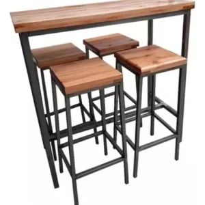 Conjunto de bar con mesa alta rectangular y cuatro bancos, estructura metálica negra y superficies de madera clara. Diseño moderno y minimalista, ideal para cocina o comedor.