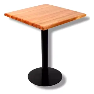 Mesa cuadrada con tablero de madera clara y base de metal negro. Diseño moderno y minimalista. Ideal para cafés o espacios reducidos.