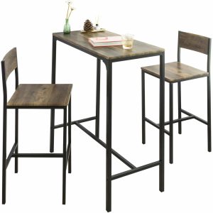 Mesa alta de diseño industrial con tablero de madera oscura y estructura metálica negra, acompañada de dos sillas a juego con respaldo. Ideal para espacios modernos y minimalistas.