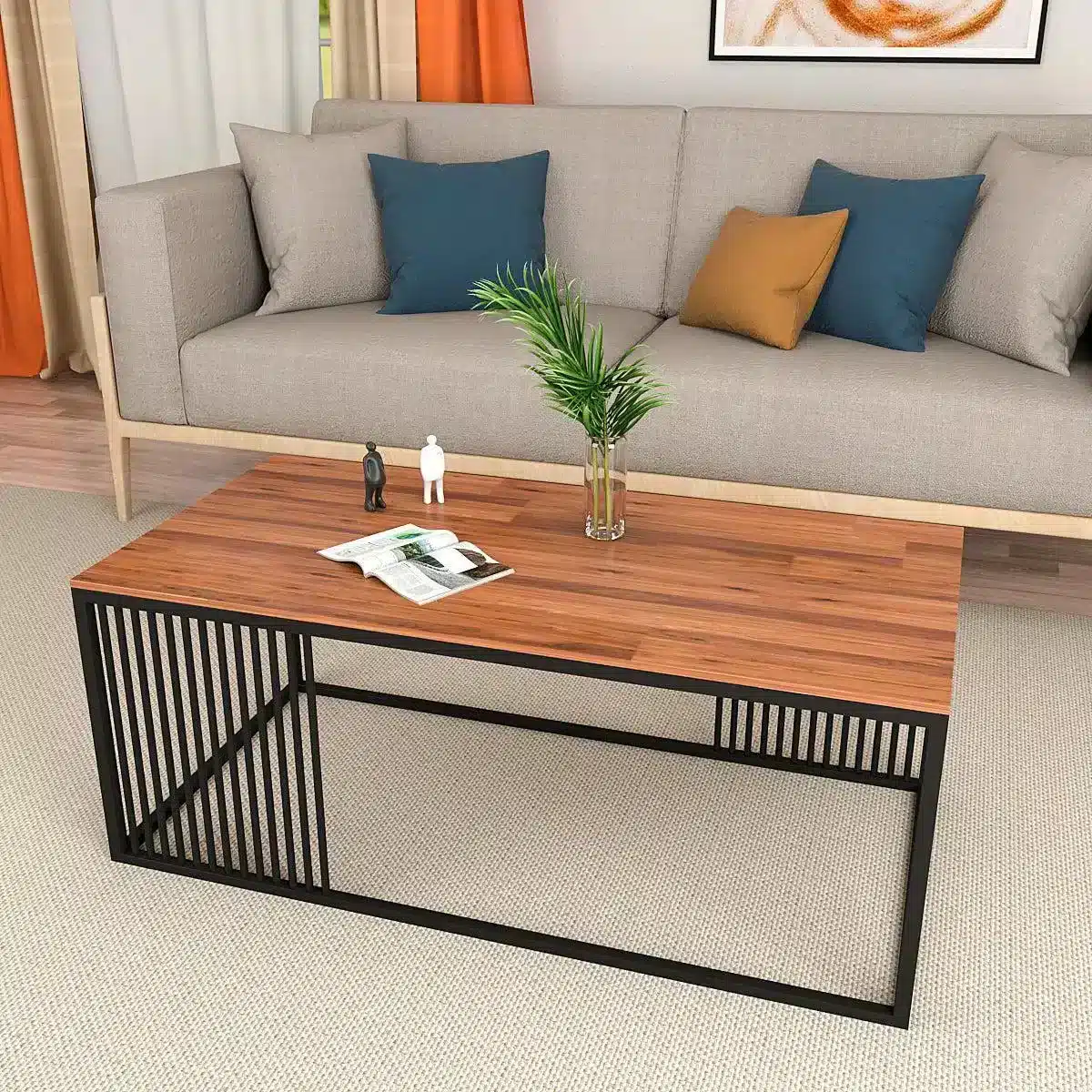 Mesa de centro moderna con tablero de madera y estructura metálica negra, ubicada sobre una alfombra beige. Ideal para sala de estar contemporánea.