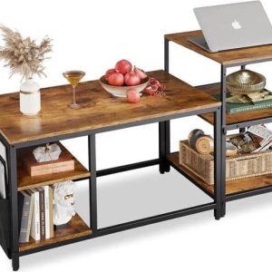 Mesa de centro de madera con estructura metálica negra, estantes múltiples y soportes laterales para revistas. Ideal para sala de estar, combina estilo rústico y funcionalidad moderna.