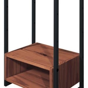 Estantería moderna de dos niveles, con marco metálico negro y repisas de madera. Diseño minimalista ideal para espacios contemporáneos.