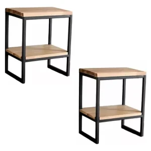 Mesa auxiliar de estilo industrial, con estructura de metal negro y dos estantes de madera natural. Diseño minimalista y versátil, ideal para salas modernas.