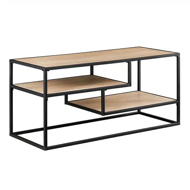 Mesa de centro moderna de metal negro con tres niveles de madera clara, diseño rectangular y estructura minimalista. Ideal para salón o sala de estar.