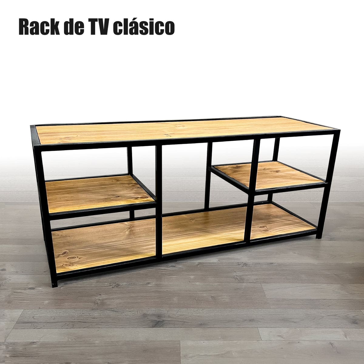 Mueble para TV con estructura de metal negro y estantes de madera. Diseño clásico, con múltiples niveles, ideal para almacenamiento en salas de estar.