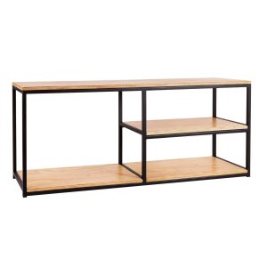 Estantería moderna de metal negro y madera clara. Diseño minimalista con tres niveles de almacenamiento, perfecta para oficina o sala de estar.